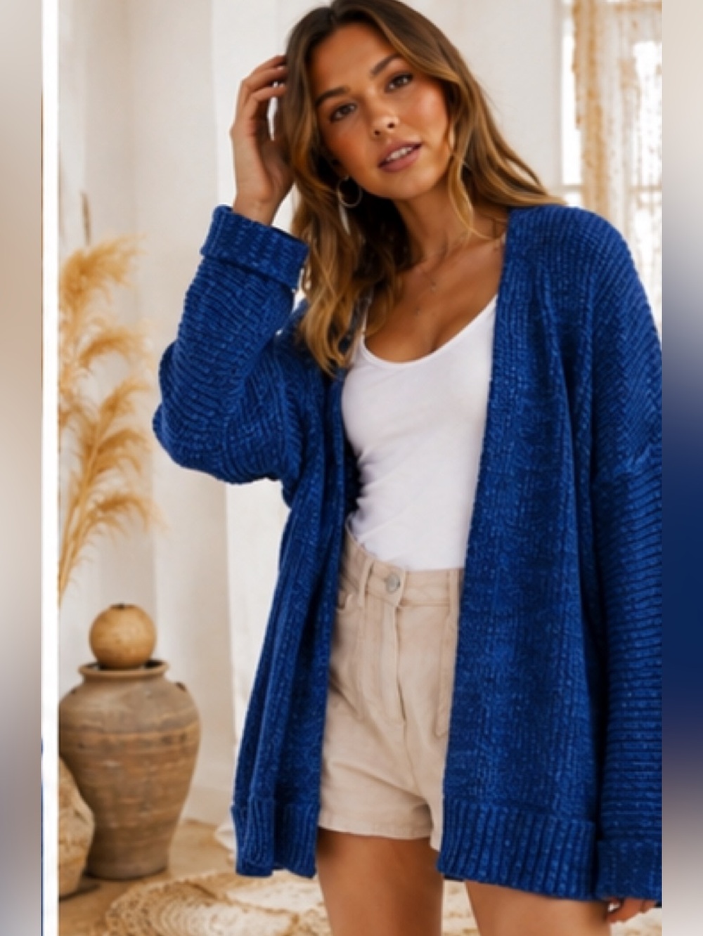 Free People High Hopes Cozy Open-Front Blue Knit Cardigan Sweater Size Small